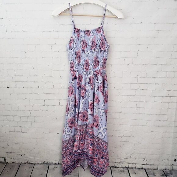 Japana Seersucker Handkerchief Hem Sun Dress Size XS Blue Floral Spaghetti Strap - Picture 1 of 6